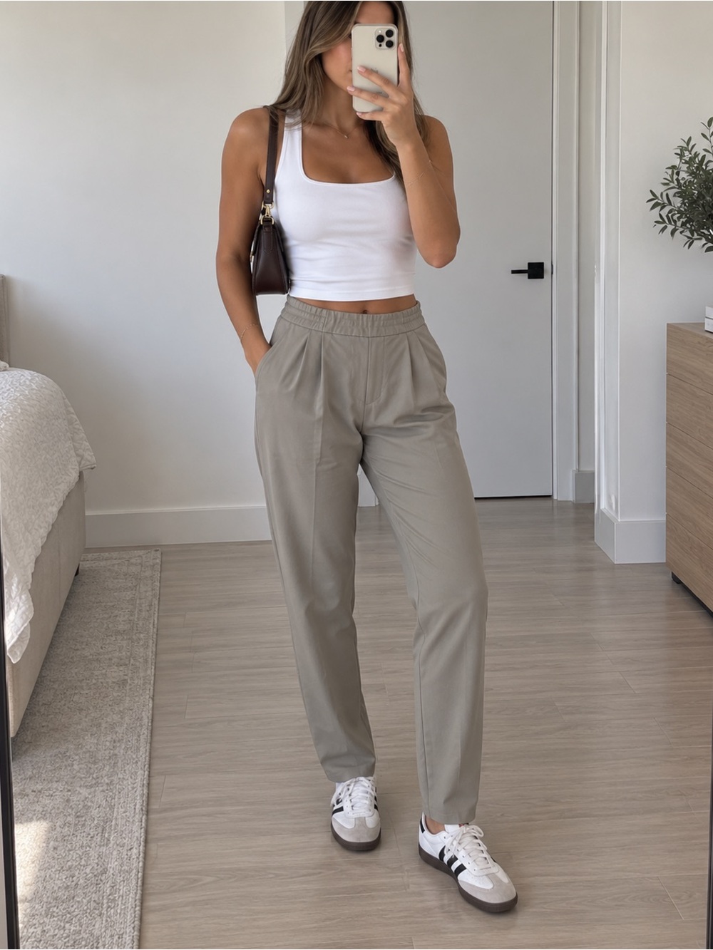 ZARA Beige Tailored Pleated Pants | Elastic Waist Pull-On | Size M